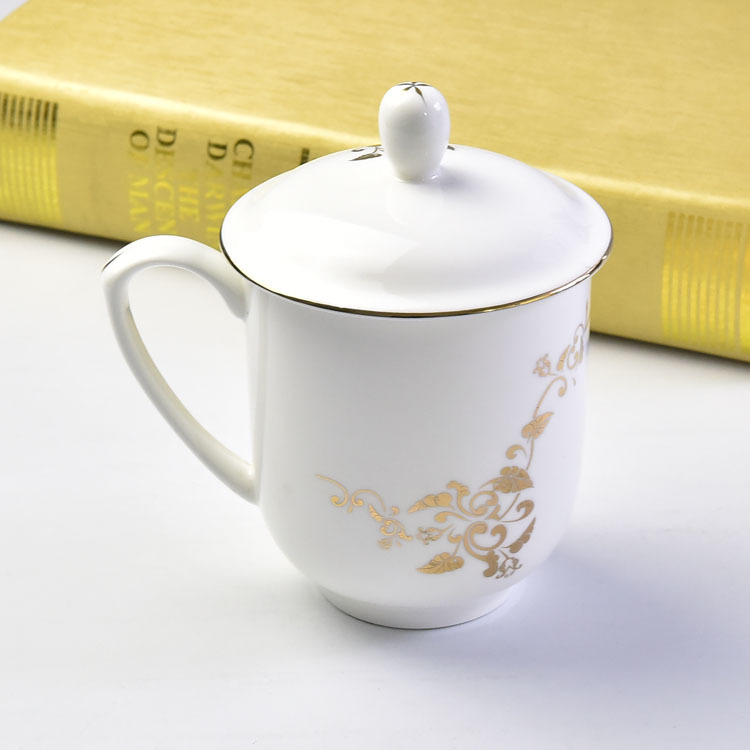 骨瓷會議杯 陶瓷金邊帶蓋茶杯 辦公水杯